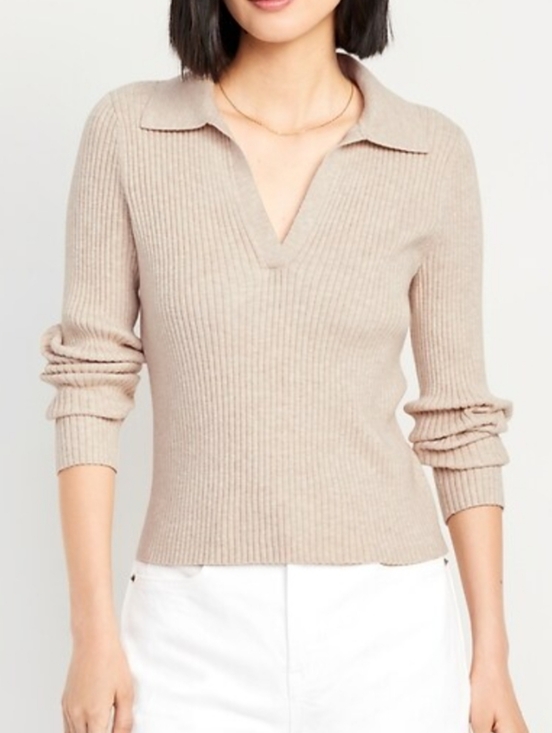 Old Navy Sweaters - Cotton Ribbed V-Neck Polo Sweater in Beige